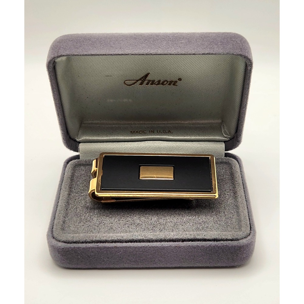 Anson Vintage Gold Tone Black Inlay Money Clip Made in USA Pat 3049772 with Box